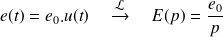 e(t)=e_0.u(t) \quad \xrightarrow[]{\mathcal{L}} \quad E(p)=\frac{e_0} p